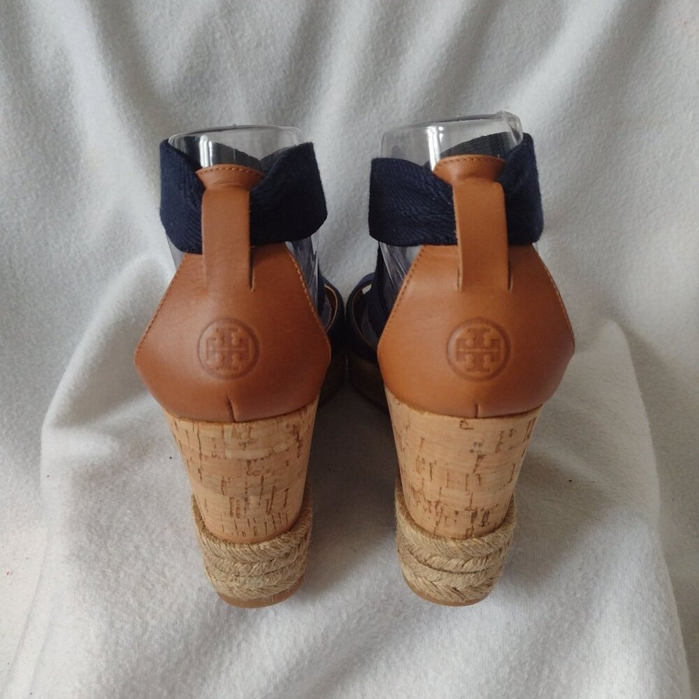 Tory Burch Natanya Wedge Espadrilles 9 Navy Blue Sandals w Elastic Ankle Straps - Picture 5 of 10